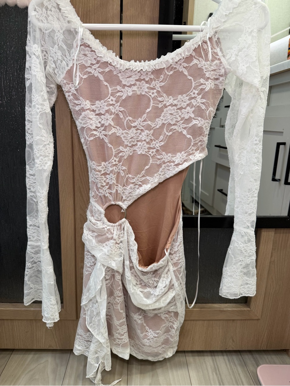 Fashion Nova White Lace Sheer Top with Nude Slip